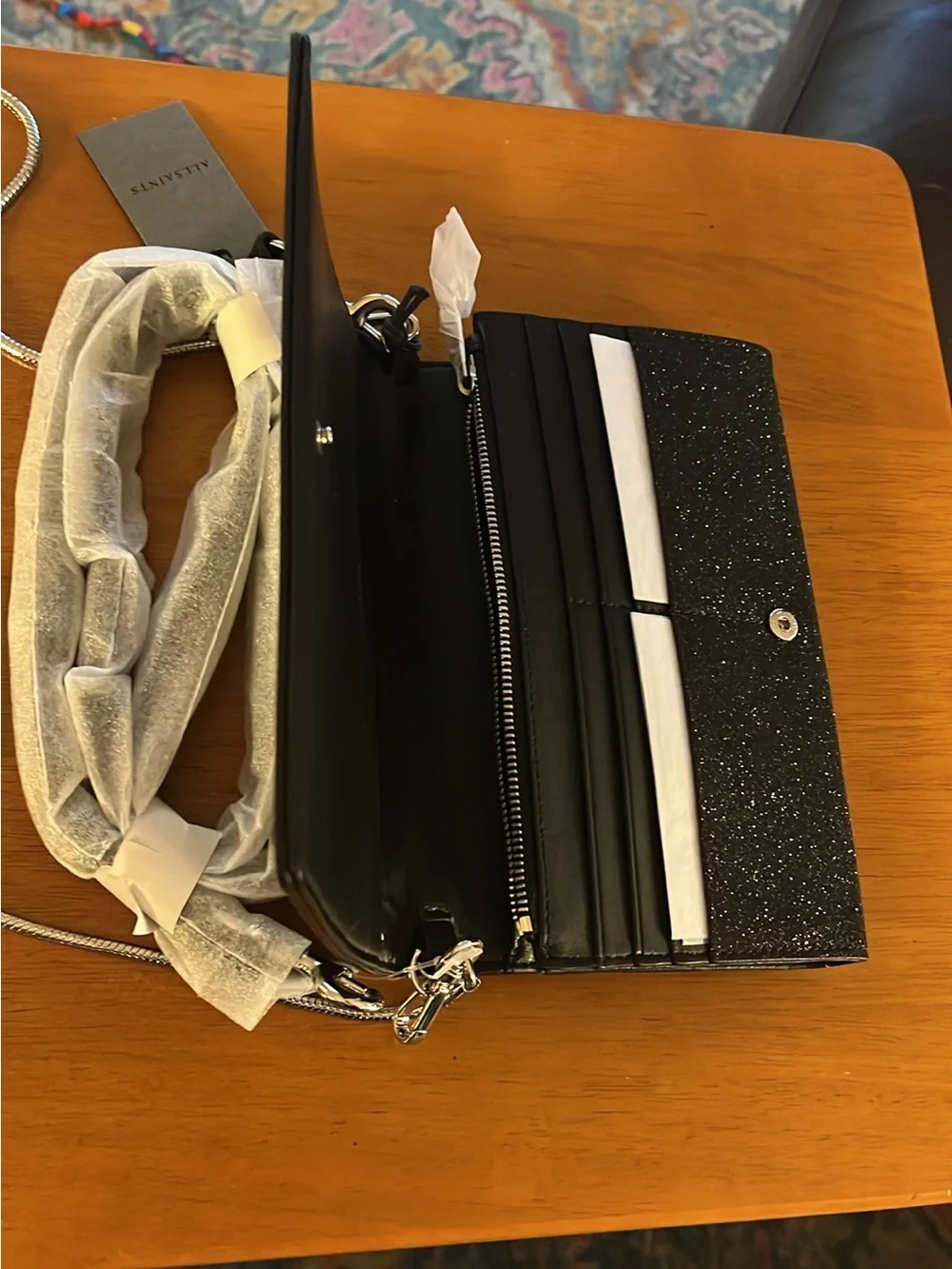 AllSaints Black Glitter Wristlet Clutch with Detachable Strap